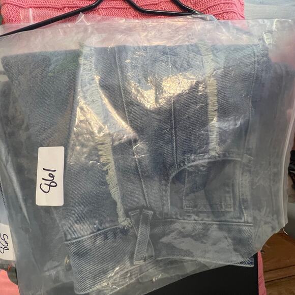 Wide Leg Jeans Womens Large Blue Denim Fringe Frayed Streetwear Baggy Distressed - Picture 12 of 12